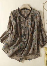 Bio Lila Print Rüschen Patchwork Leinen Tops Sommer